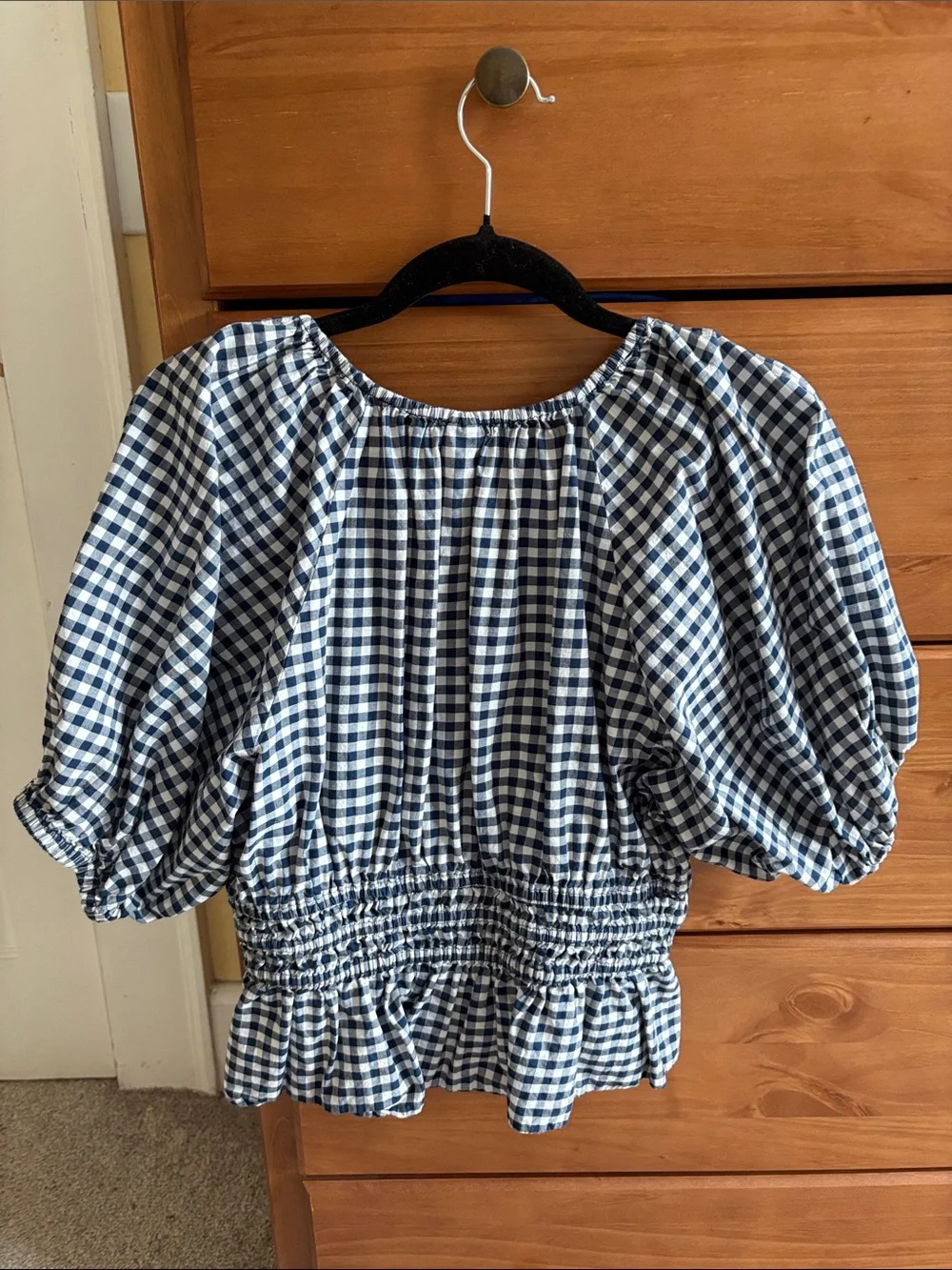 Old Navy Blue and White Smocked Gingham Peasant Top 100% cotton